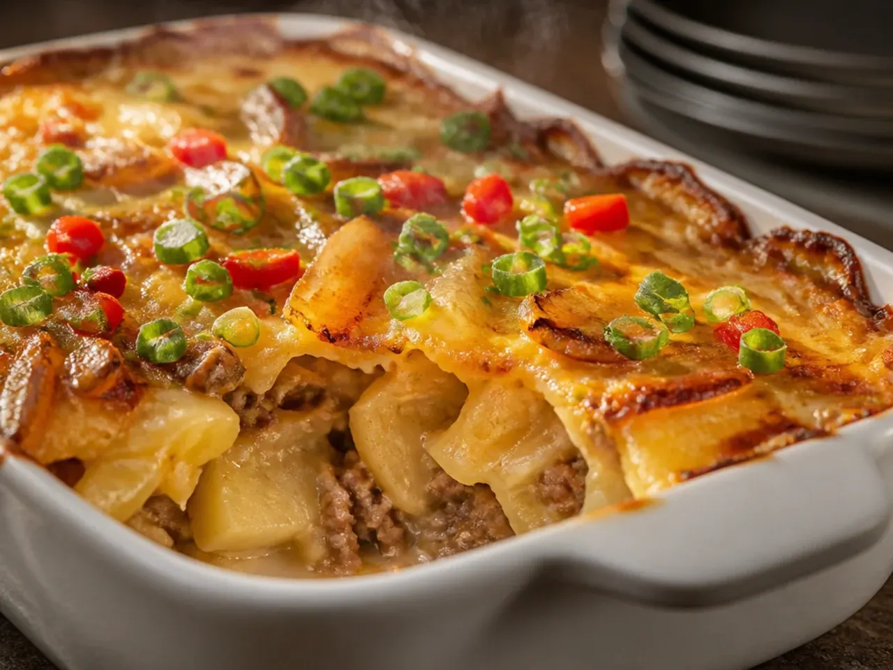 Cowboy potato casserole with caramelised onions visible on top before baking