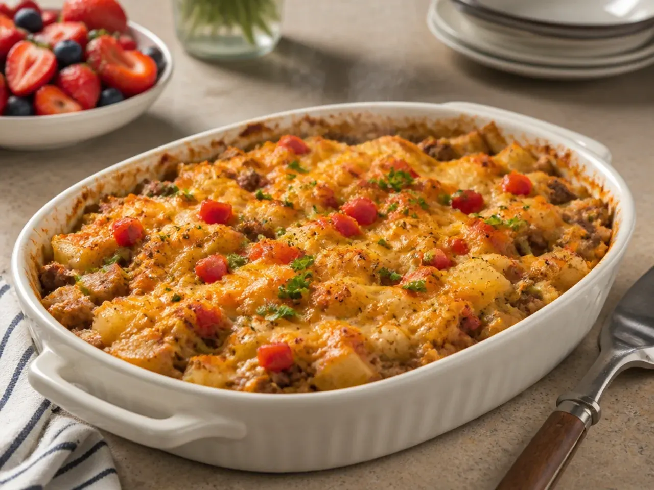 Simple three-layer cowboy potato casserole with just beef, potato and cheese