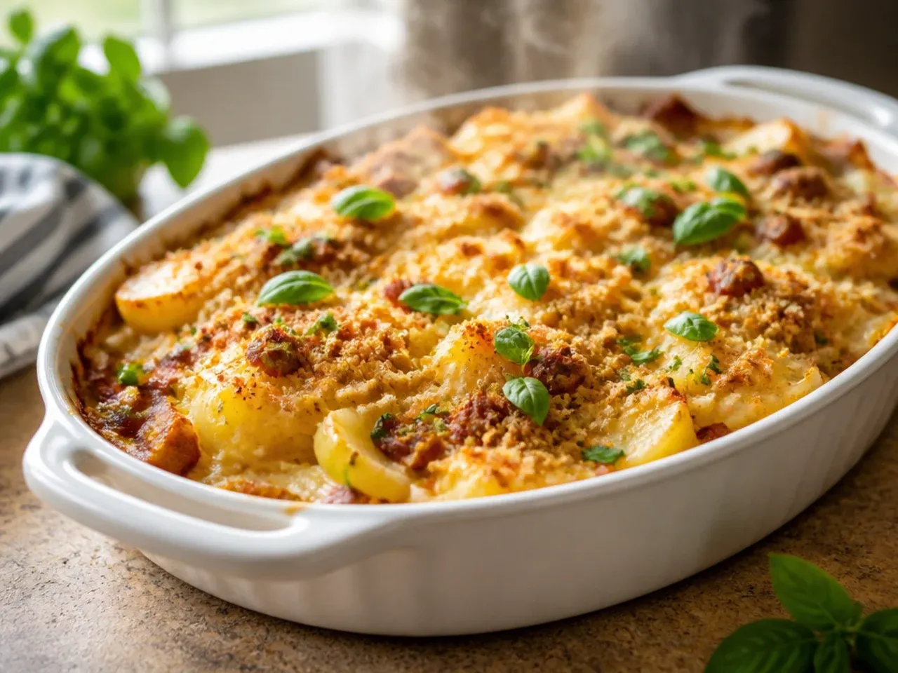 Spoonful of extra creamy cowboy potato casserole being lifted from the dish