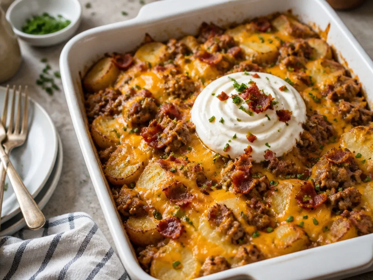 Fully loaded cowboy potato casserole topped with sour cream, bacon and spring onions