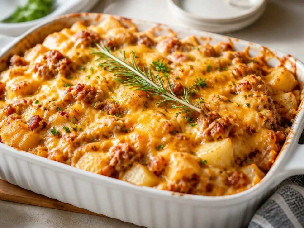 Close-up slice of best-ever cowboy potato casserole showing crisp top and tender layers