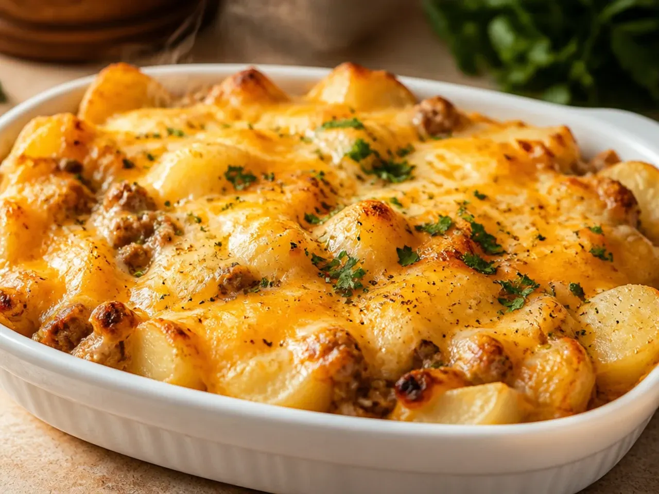 Triple cheese cowboy potato casserole with a golden Parmesan crust