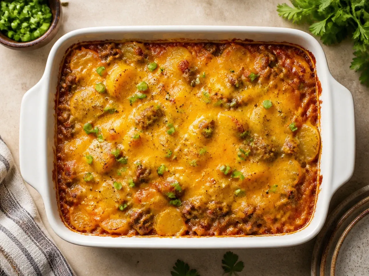 Budget cowboy potato casserole with beans stirred through the beef mixture