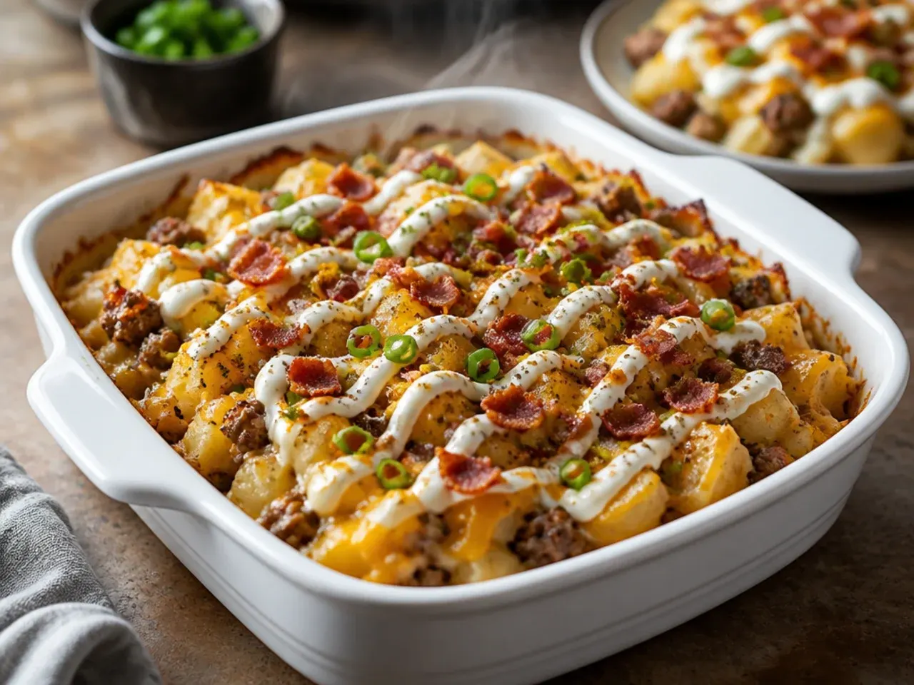 Large tray of cowboy potato casserole cut into squares for a party buffet