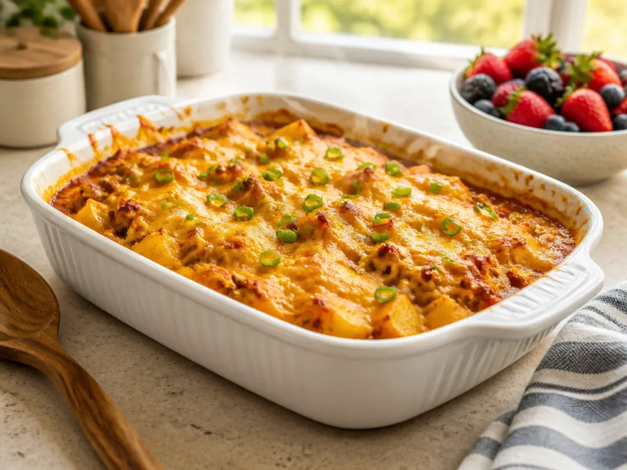 Family-style cowboy potato casserole with grated carrot and sweetcorn mixed in