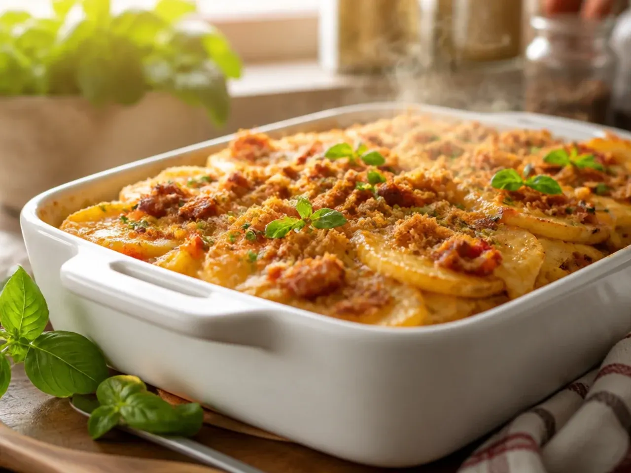 Festive cowboy potato casserole garnished with parsley served alongside roast turkey