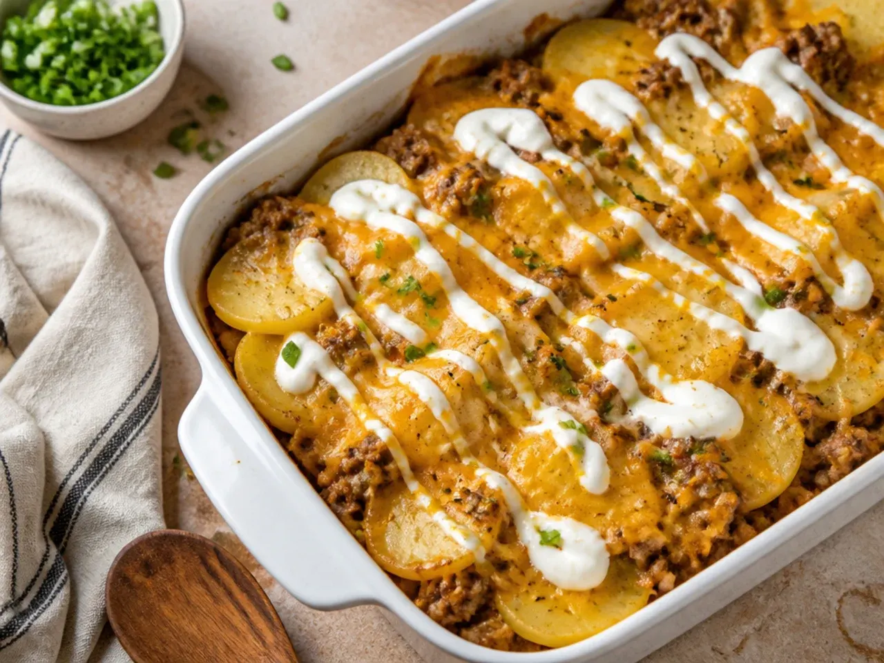 Quick cowboy potato casserole finished under the grill with bubbling cheese
