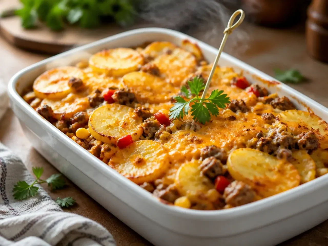 From-scratch cowboy potato casserole made with fresh diced potatoes and homemade white sauce
