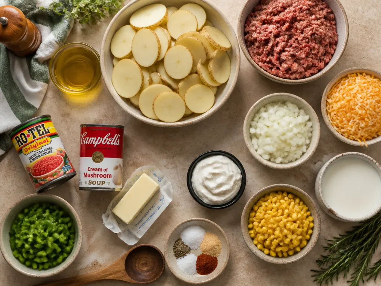 Hands grating a block of cheddar cheese over a bowl for cowboy potato casserole