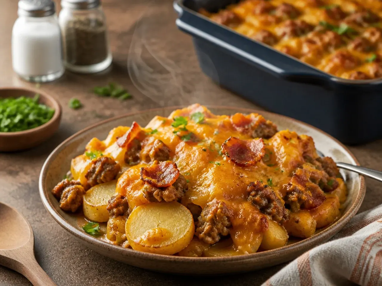 Plated serving of cowboy potato casserole with a side salad and garlic bread