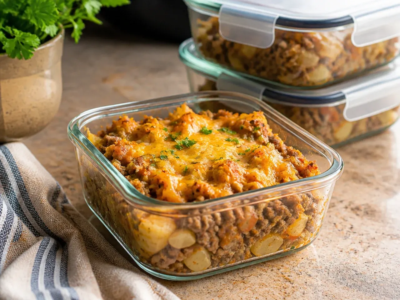 Portioned cowboy potato casserole in airtight containers ready for the freezer