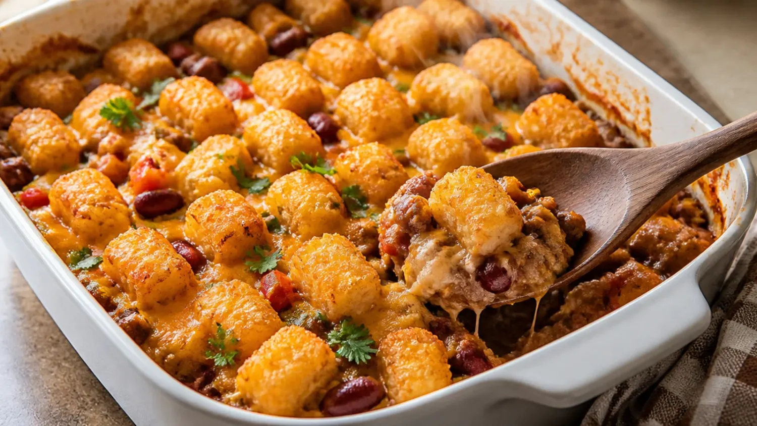 A bubbling cowboy tater tot casserole in a white baking dish, topped with golden crispy tater tots, melted cheddar and crumbled bacon