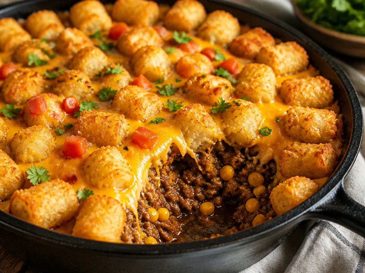 Overhead shot of ingredients for cowboy tater tot casserole laid out including ground beef, tater tots, corn, beans and cheddar