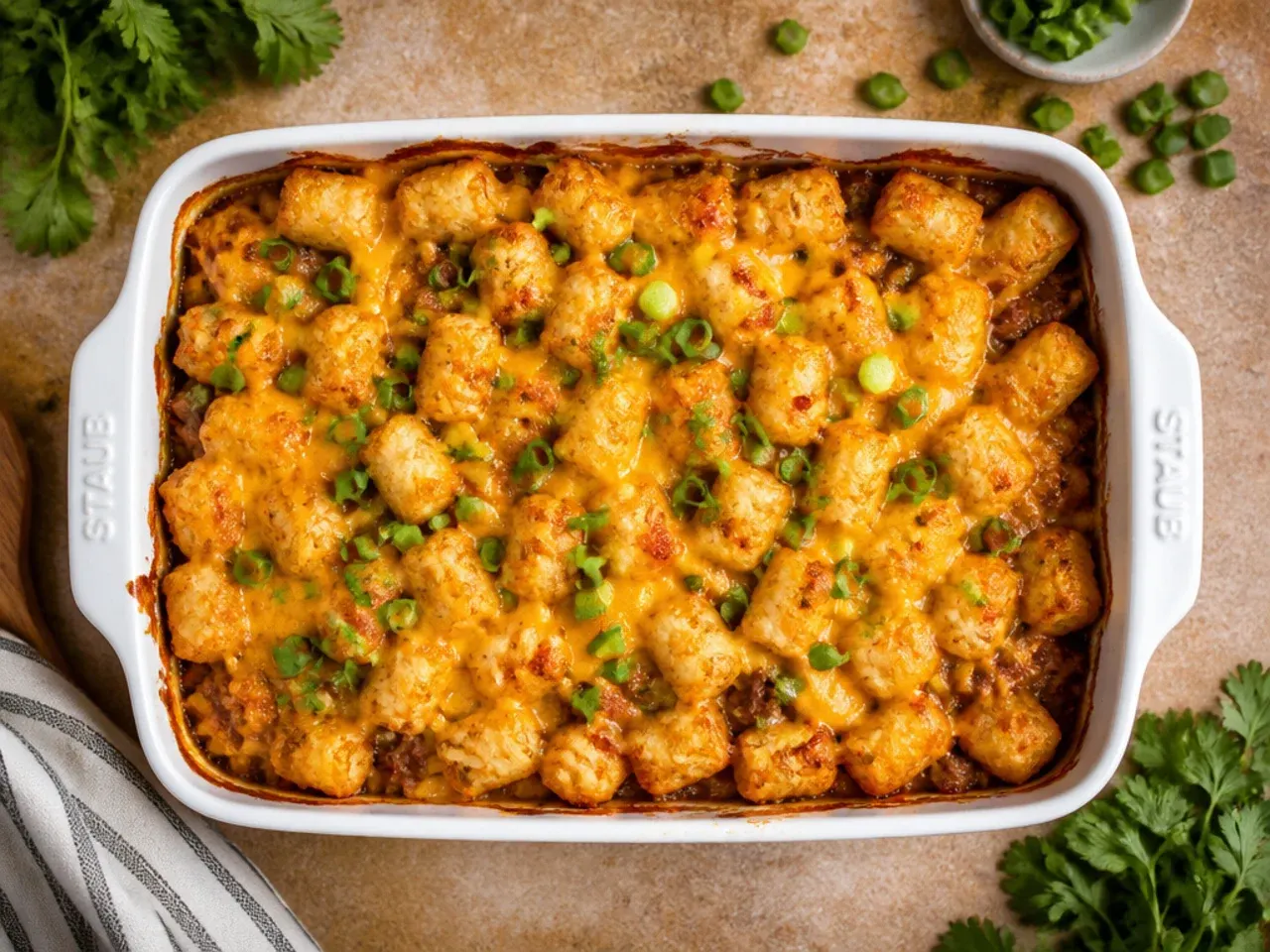 Classic cowboy tater tot casserole fresh from the oven with golden tots and melted cheddar