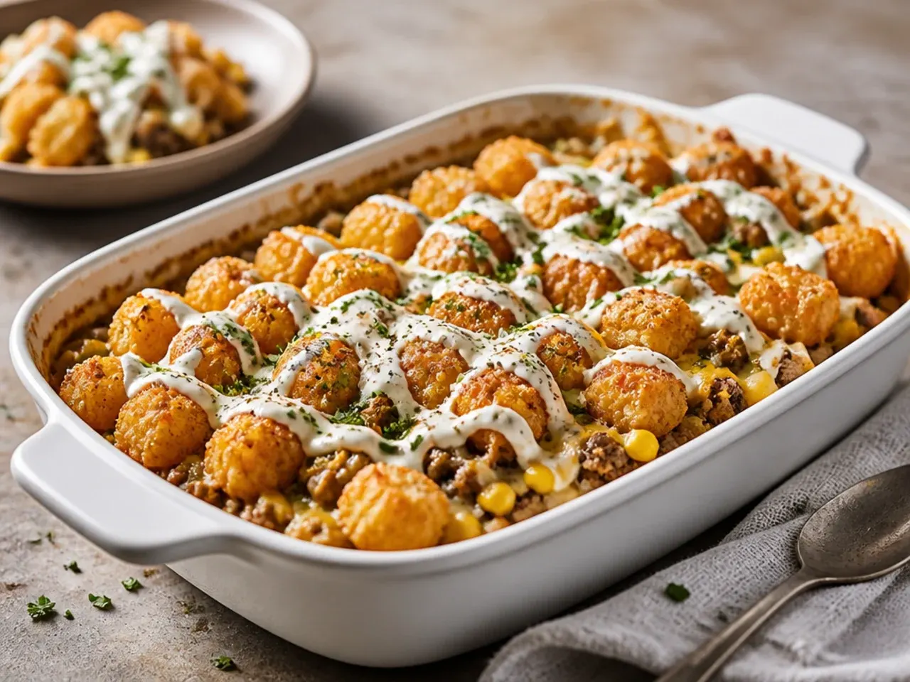 Cowboy tater tot casserole baked in a cast-iron skillet with tater tots on top