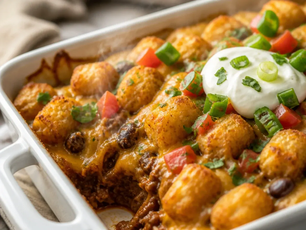 Creamy cowboy tater tot hotdish with peas and carrots mixed through the beef filling
