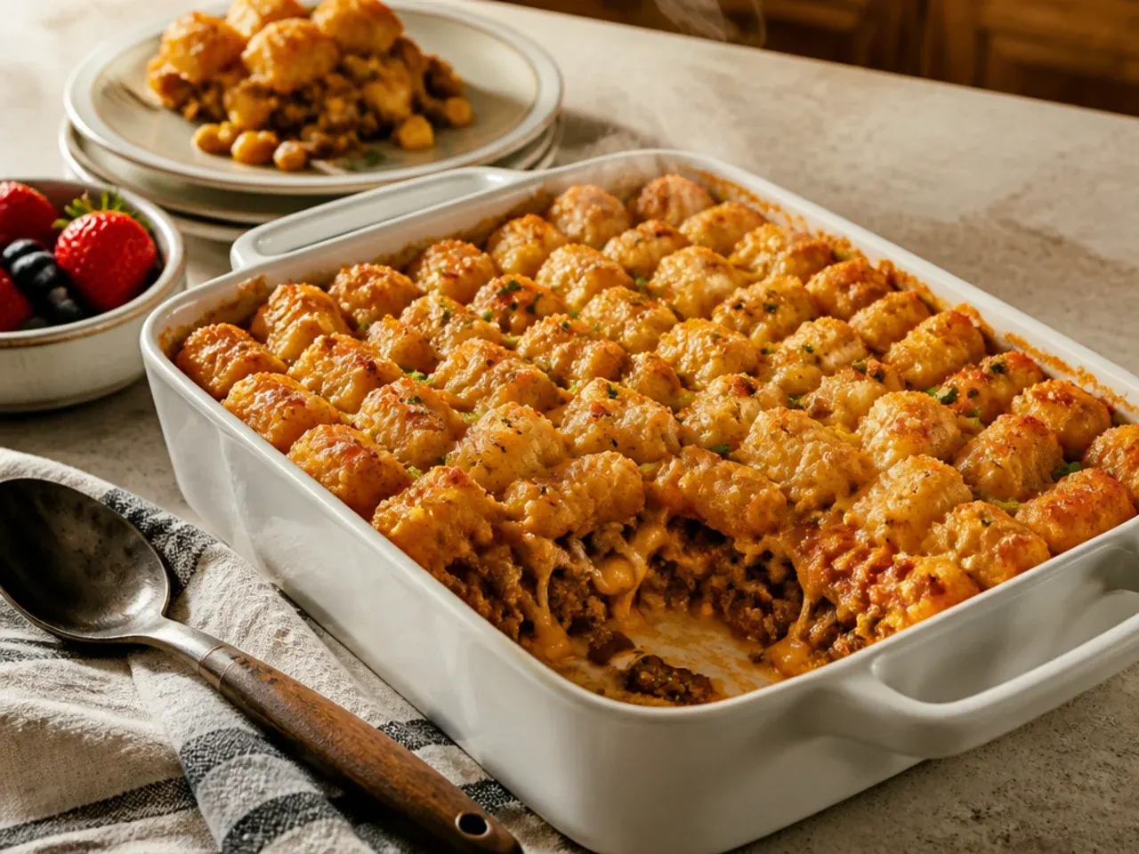Simple five-ingredient cowboy tater tot casserole in a glass baking dish