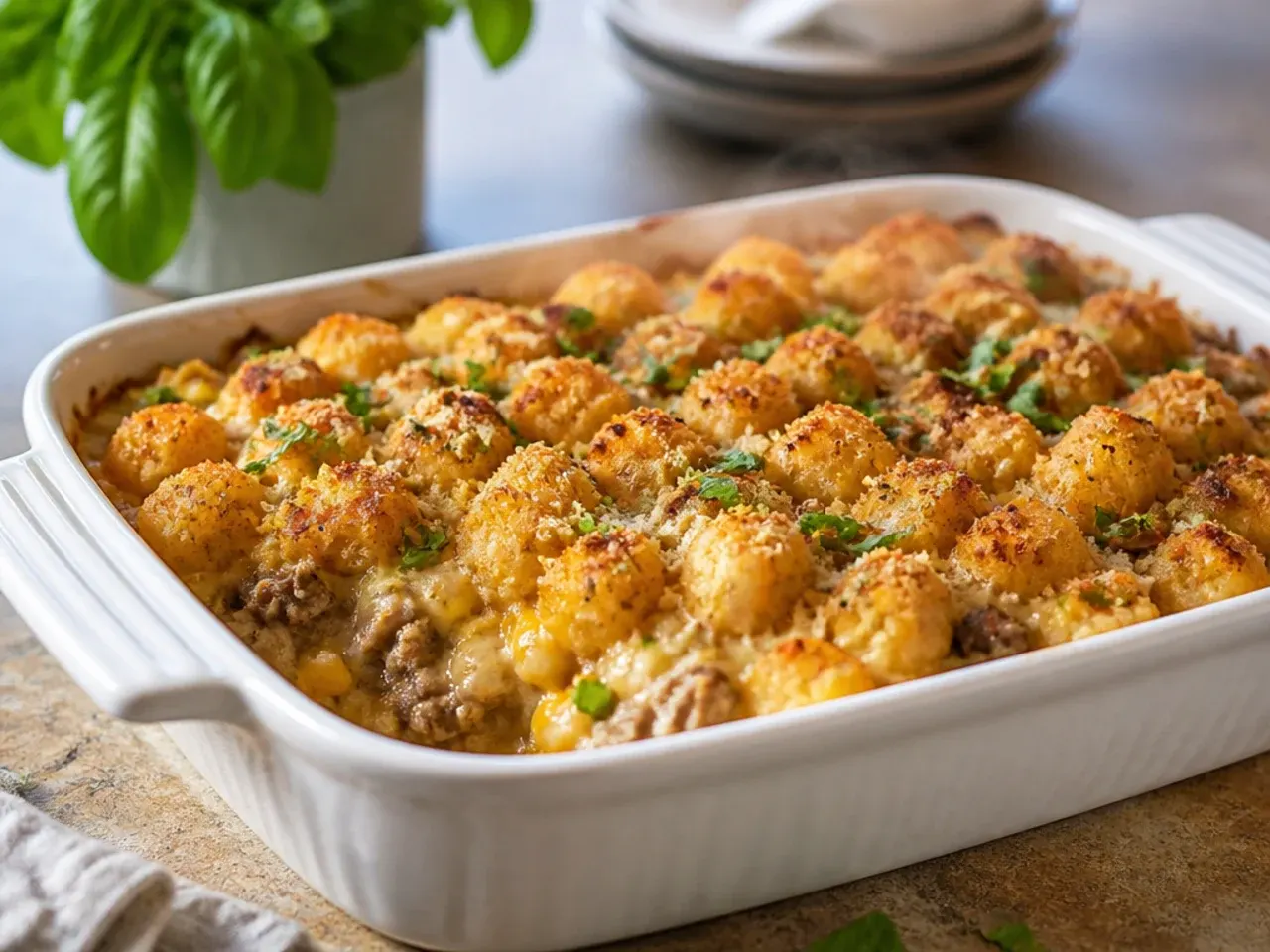 Spoon lifting a creamy portion of cowboy tater tot casserole showing the rich sauce