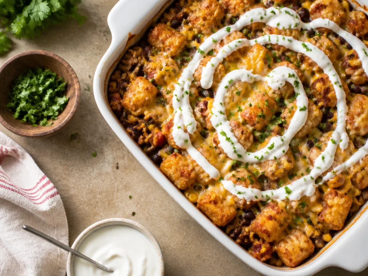 Loaded cowboy tater tot casserole topped with crispy bacon, jalapenos and spring onions