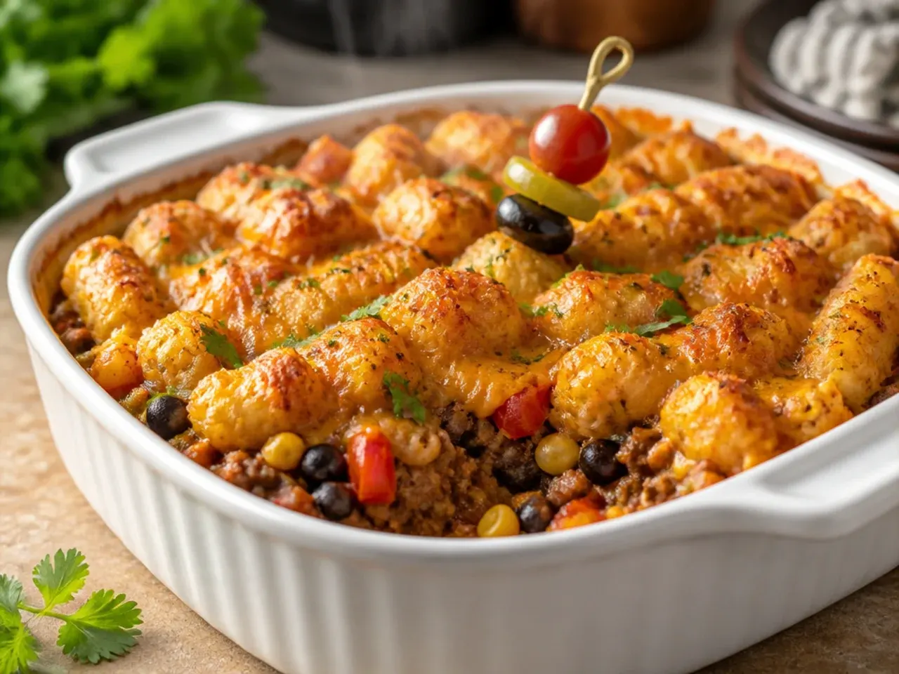 Overhead view of the best-ever cowboy tater tot casserole with neatly arranged crispy tots