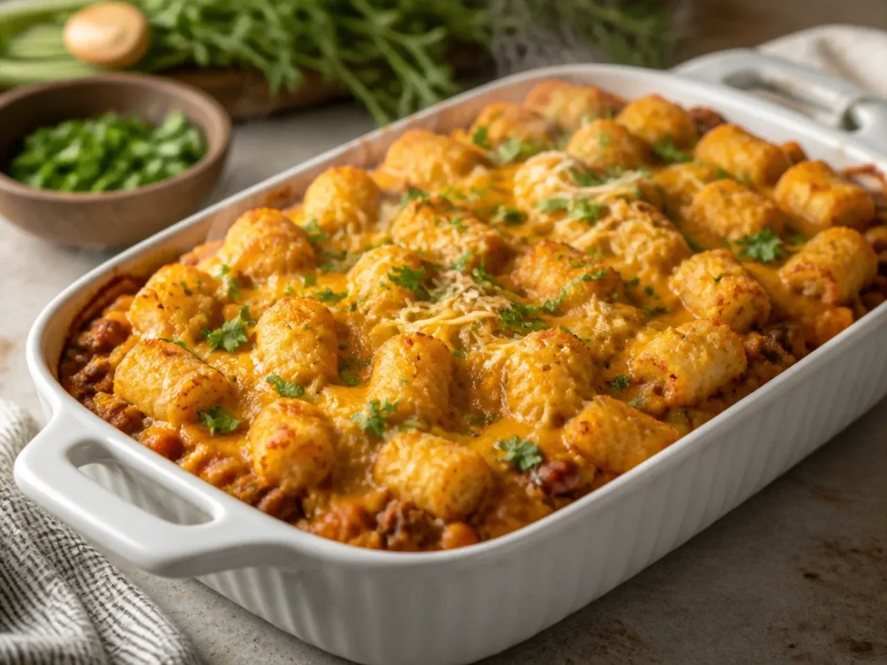 Extra cheesy cowboy tater tot casserole with three types of melted cheese pulling apart