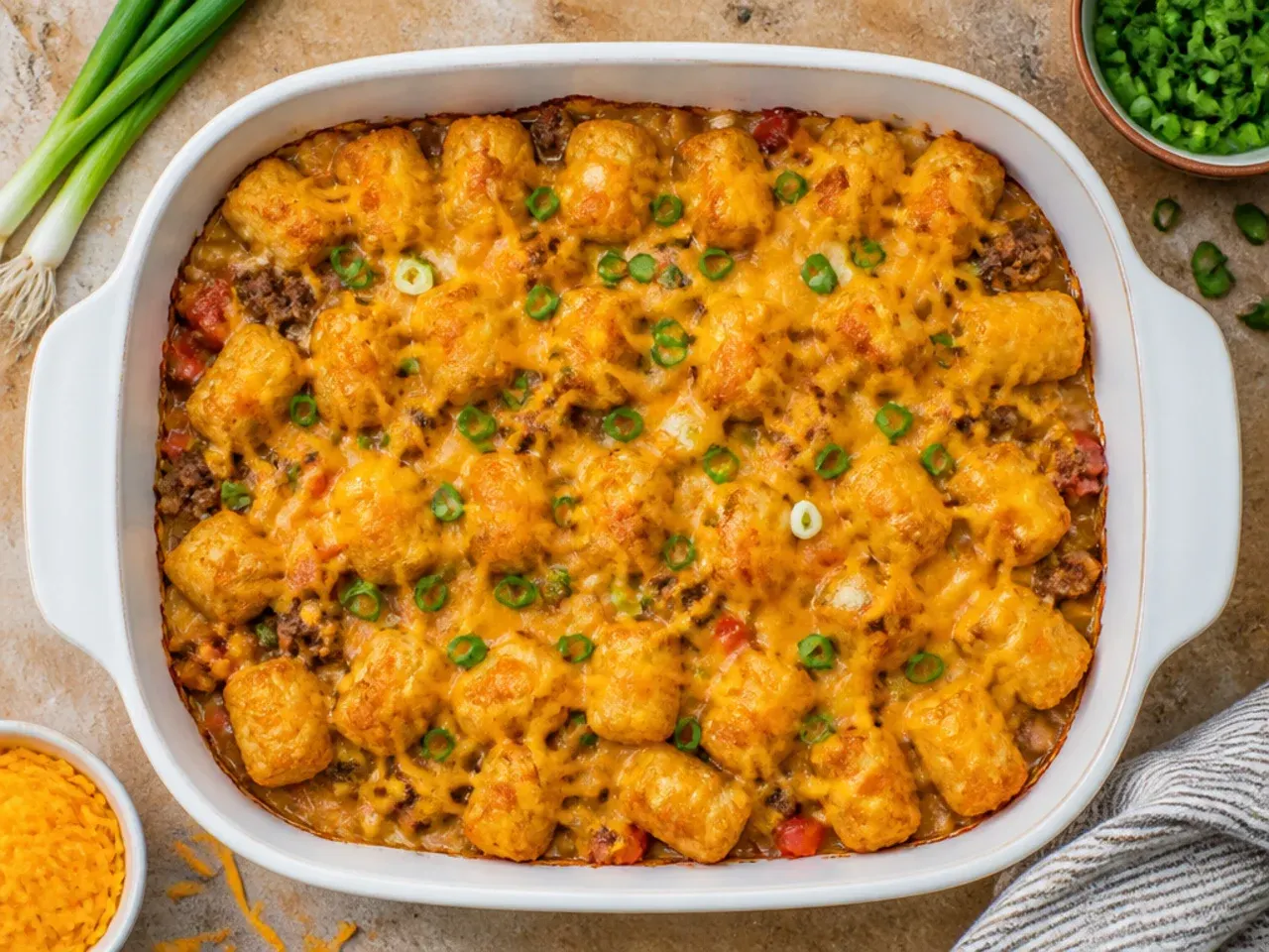 Budget-friendly cowboy tater tot casserole with extra black beans and corn