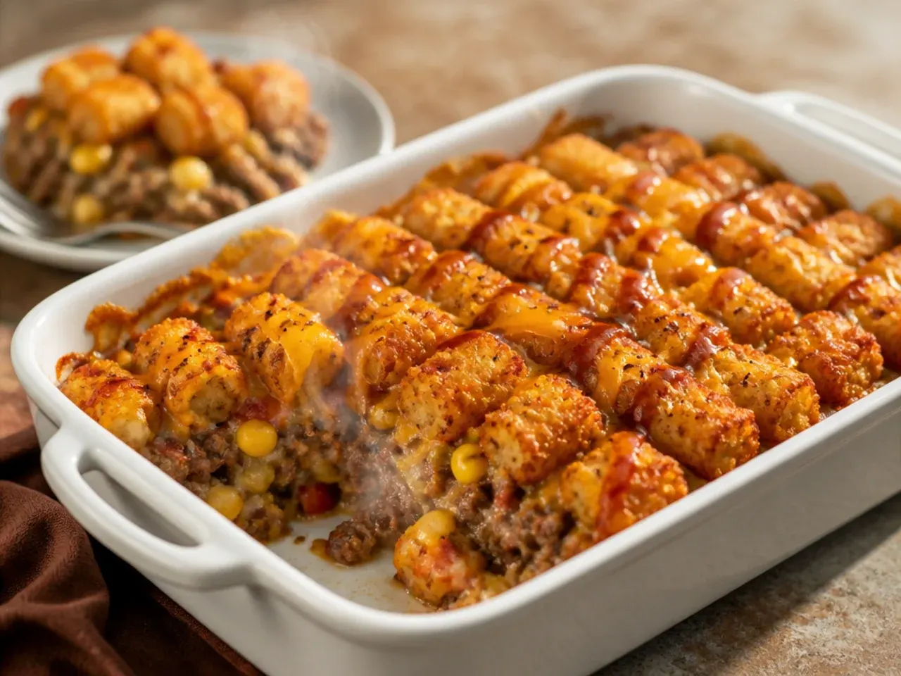 Large crowd-sized cowboy tater tot casserole in a big baking dish ready to serve a party