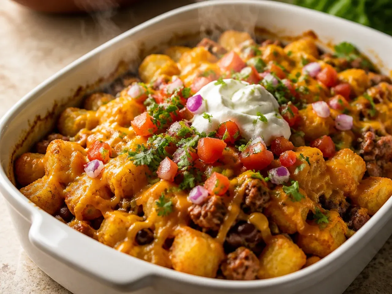 Cowboy tater tot casserole filling prepped in a dish ready to be topped with tots and baked