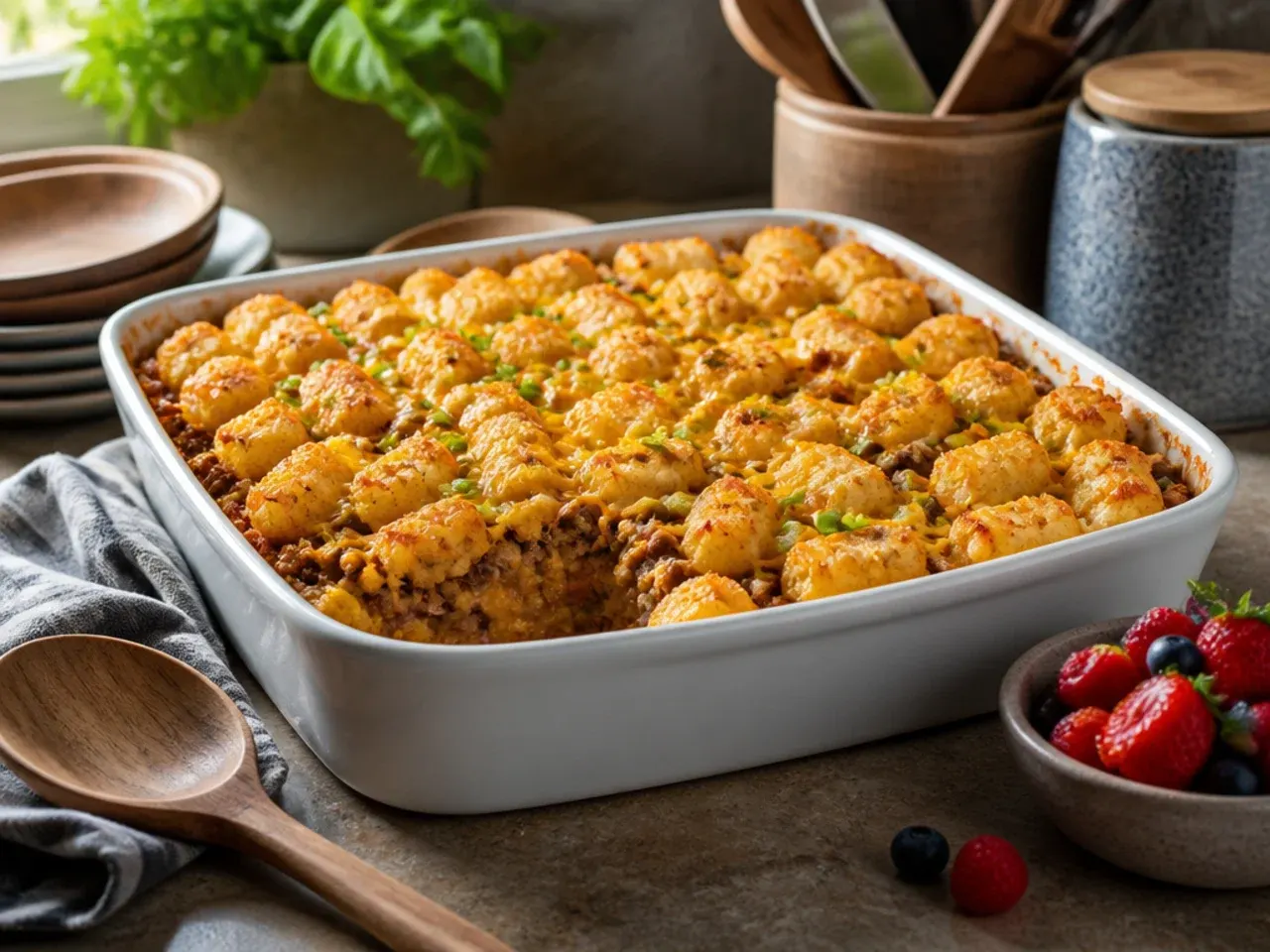 Family-friendly cowboy tater tot casserole cut into square servings on a plate