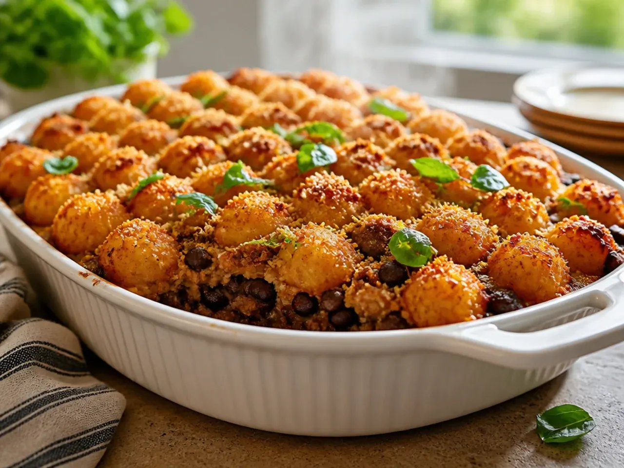 Festive cowboy tater tot casserole with tots arranged in a decorative spiral pattern