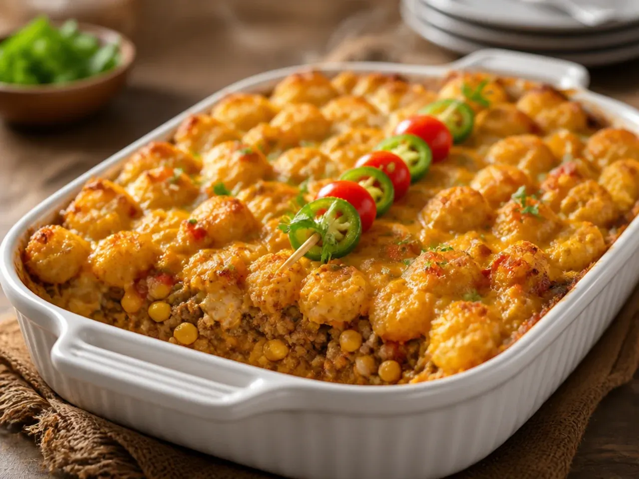 From-scratch homemade cowboy tater tot casserole with a rich roux-based sauce