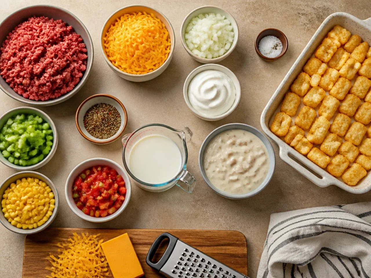 Close-up of crispy golden tater tots on top of a baked cowboy casserole showing texture