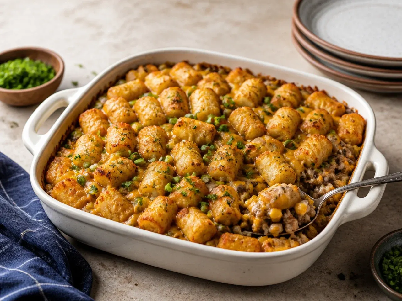 A plated serving of cowboy tater tot casserole alongside a green salad and cornbread