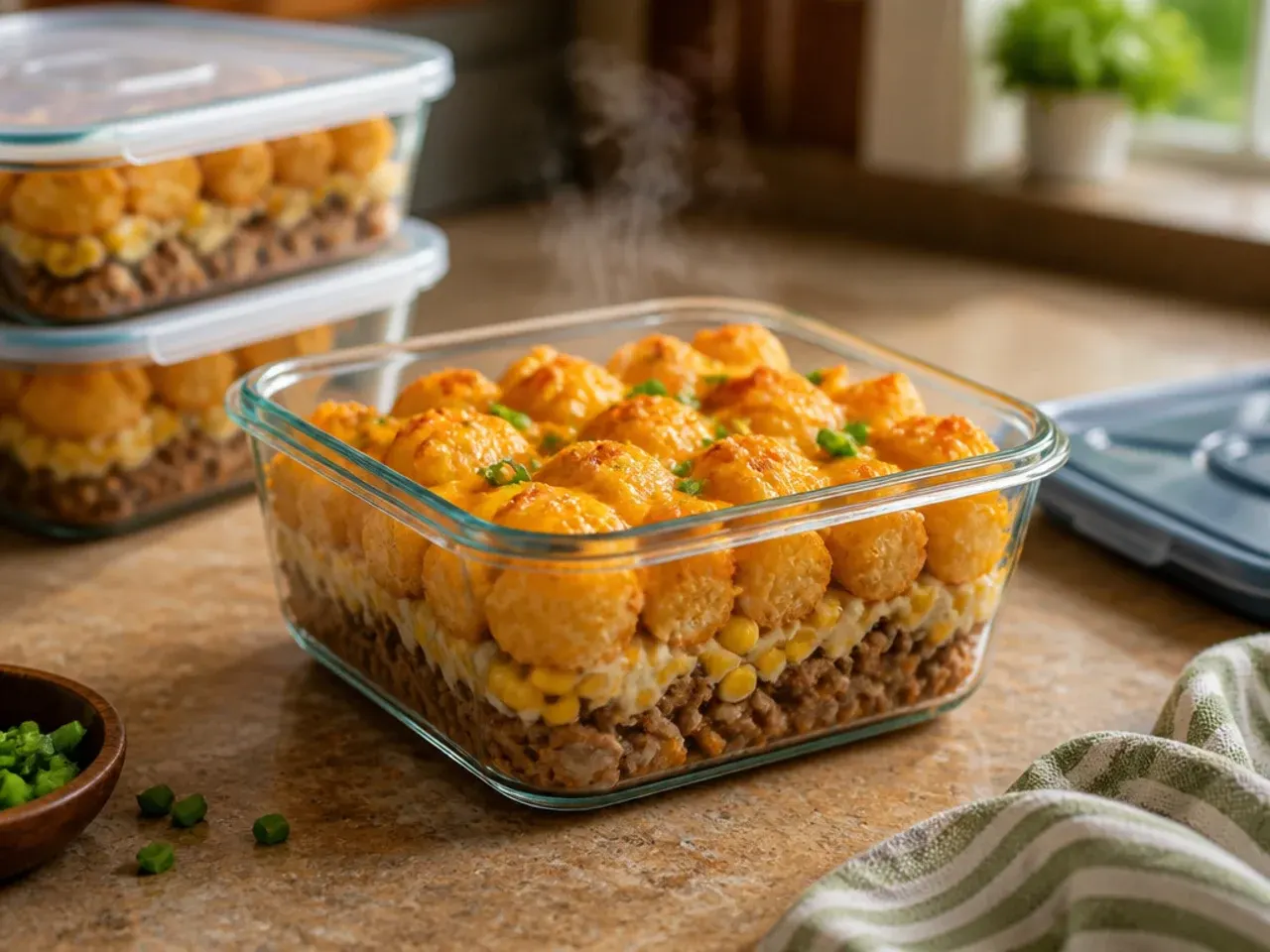 Leftover cowboy tater tot casserole portioned into airtight containers for storage