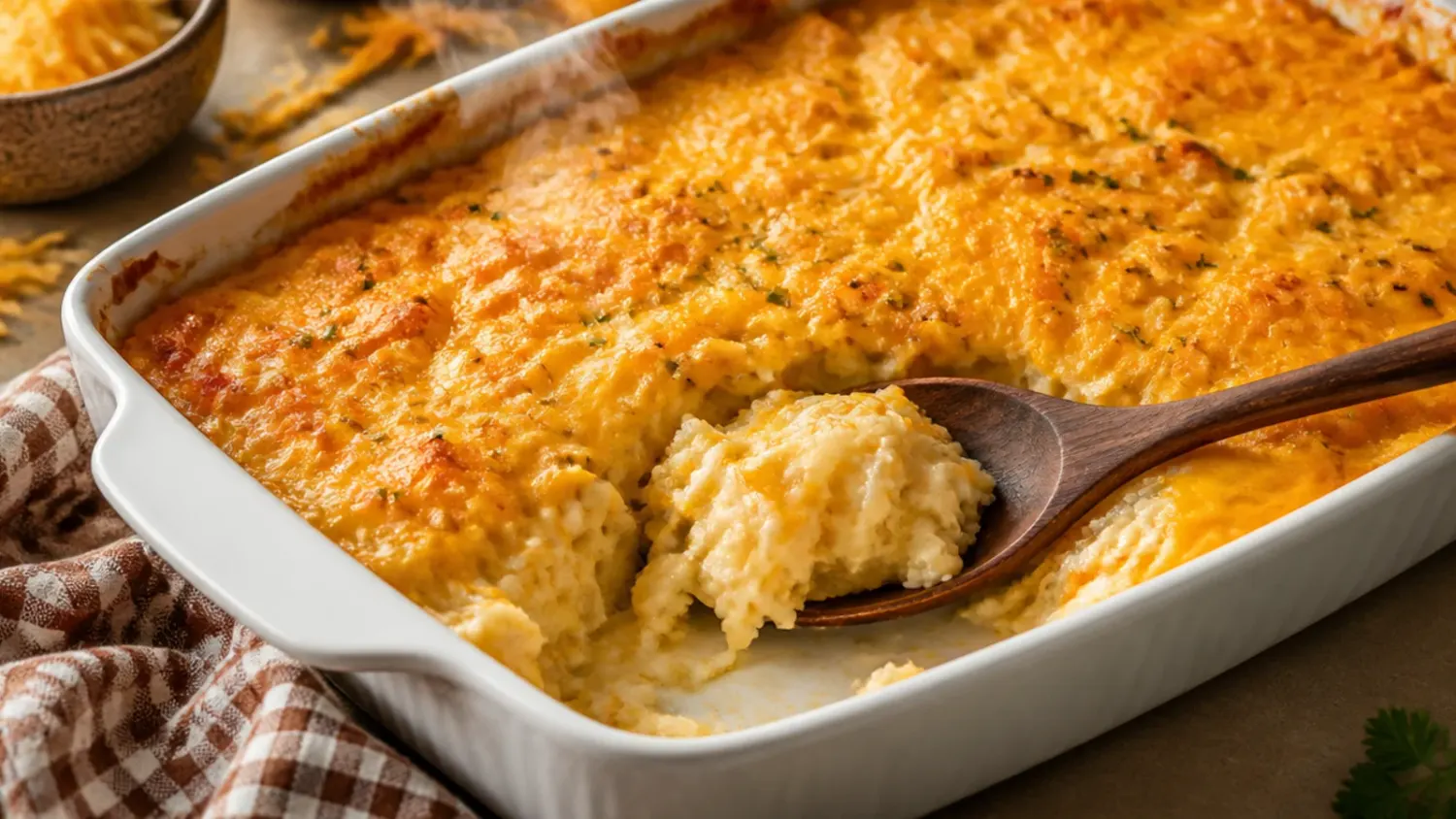 Overhead shot of a golden, bubbling cracker barrel hashbrown casserole in a white baking dish, topped with melted cheddar and a crisp cornflake crust