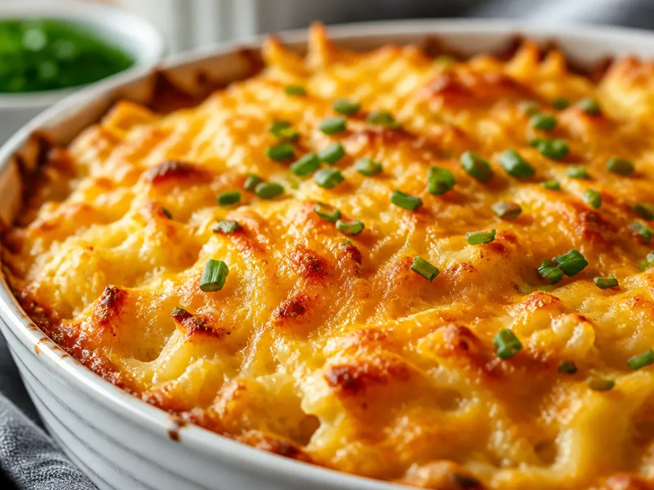Close-up of a spoonful of cheesy hashbrown casserole being lifted from the baking dish, showing melted cheese pulling