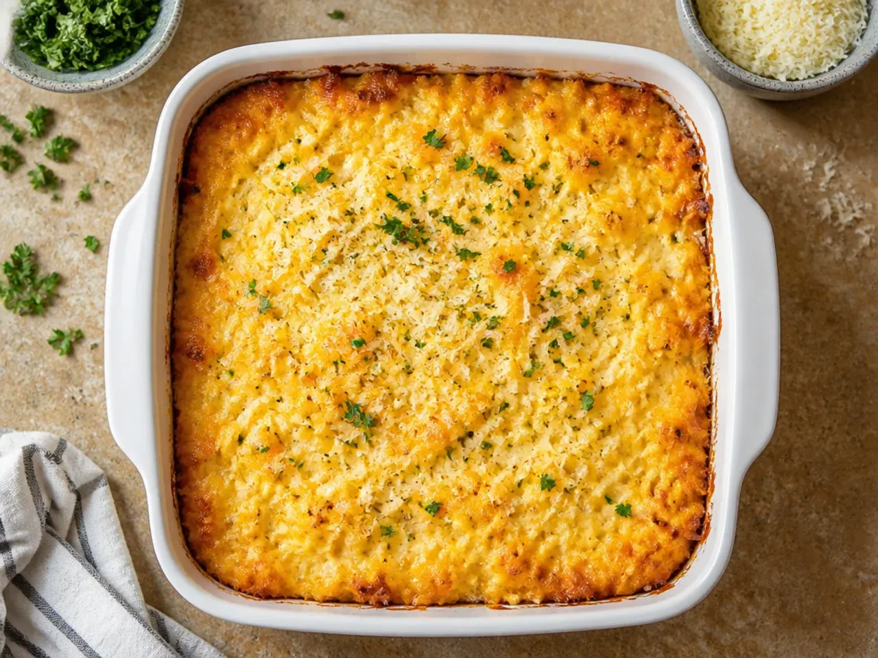 Classic cracker barrel hashbrown casserole fresh from the oven with a golden cornflake topping