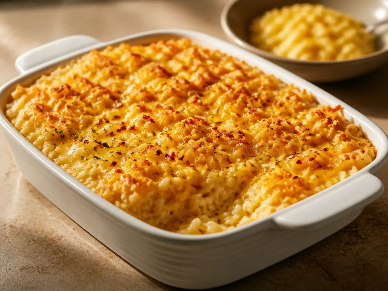 Simple hashbrown casserole ingredients being stirred together in a mixing bowl