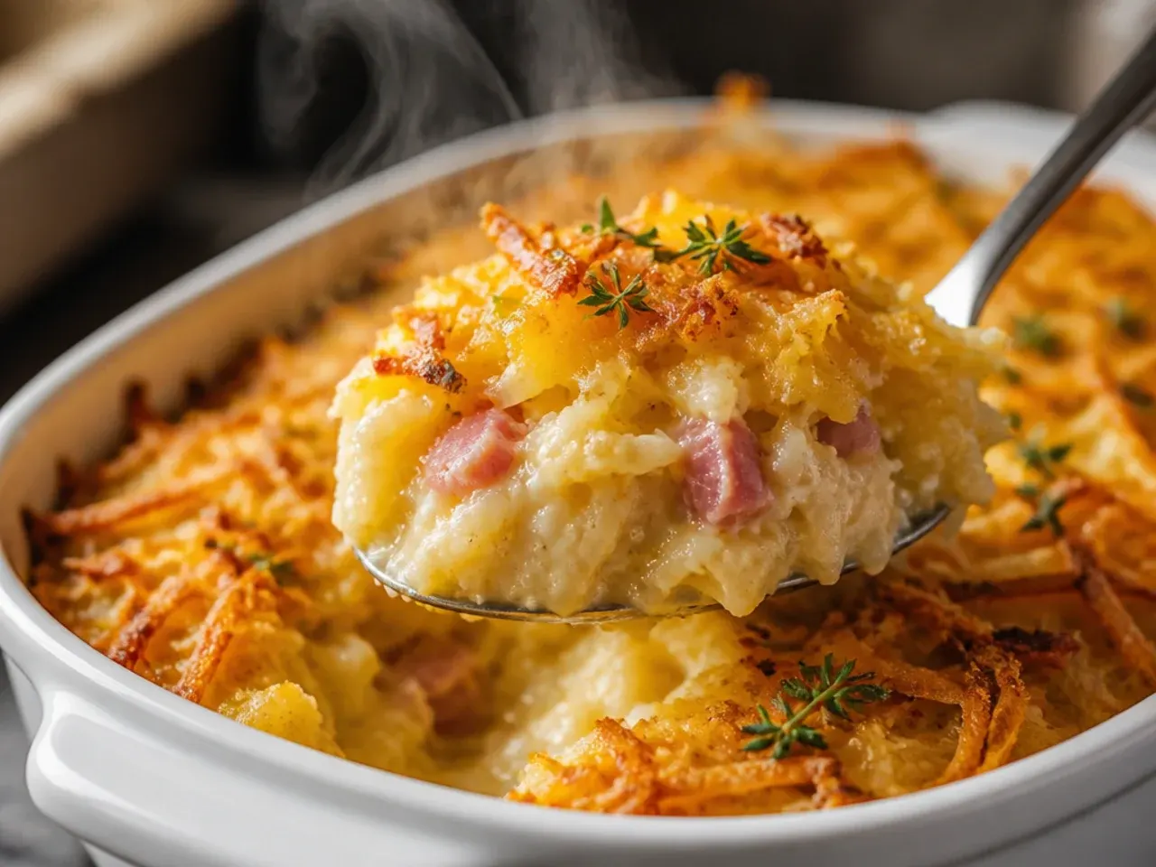 Hearty ham and cheddar hashbrown casserole with visible pink ham pieces throughout