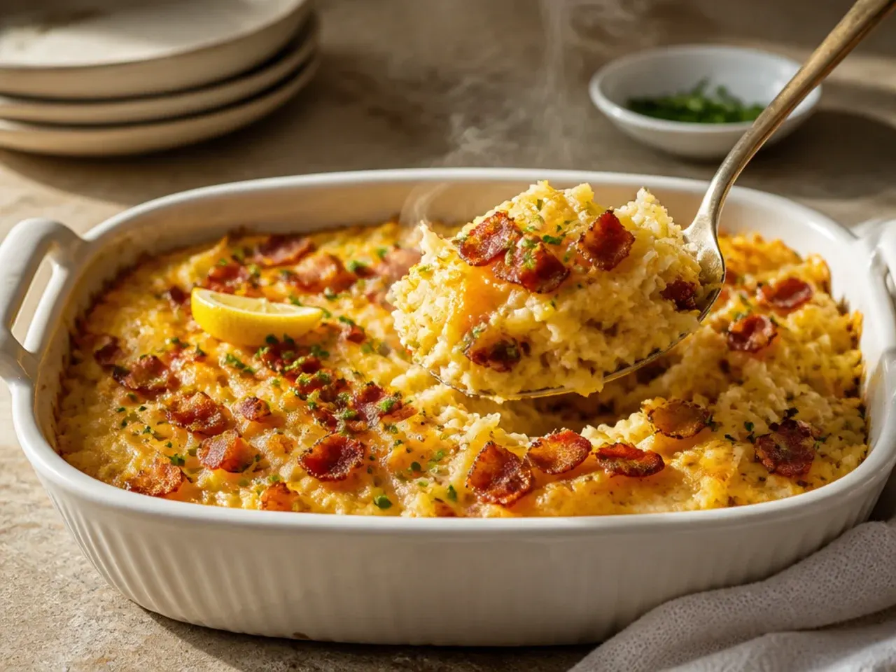 Bacon and chive hashbrown casserole garnished with fresh green chives