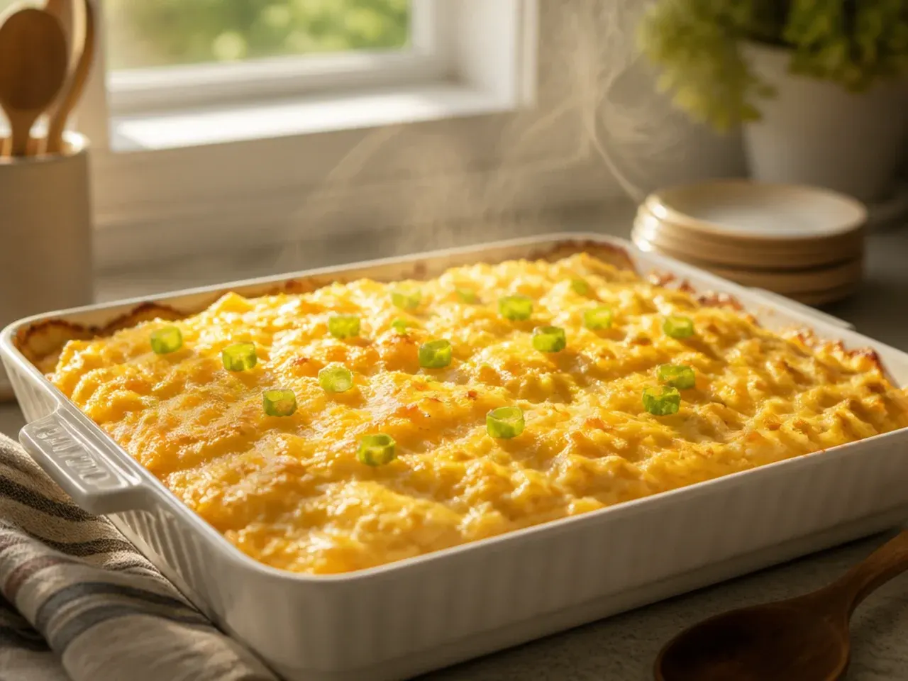 Extra creamy three-cheese hashbrown casserole showing a thick, melty cheese pull