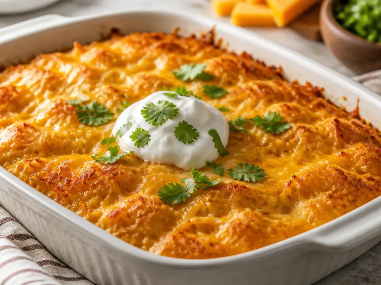 Cheesy hashbrown casserole with a thick browned cheddar crust on top, no breadcrumb topping