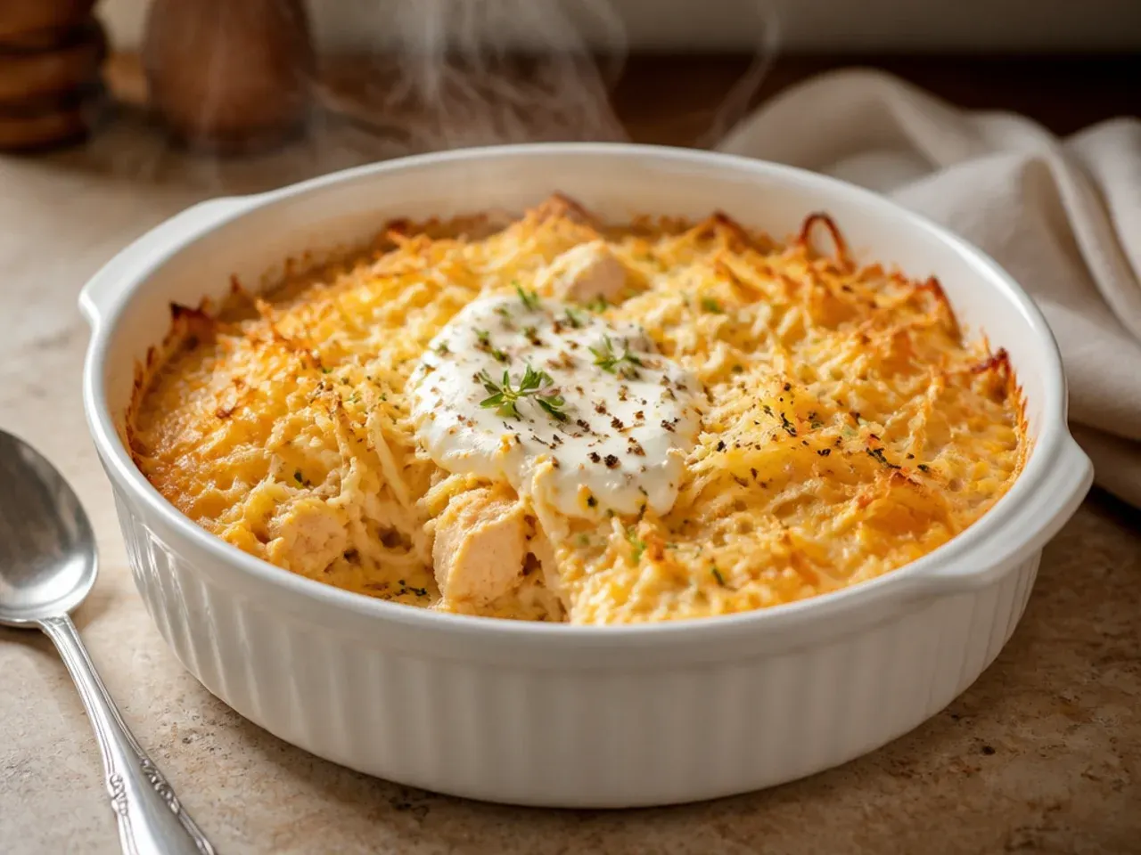 Comforting chicken and hashbrown casserole served on a plate with green beans
