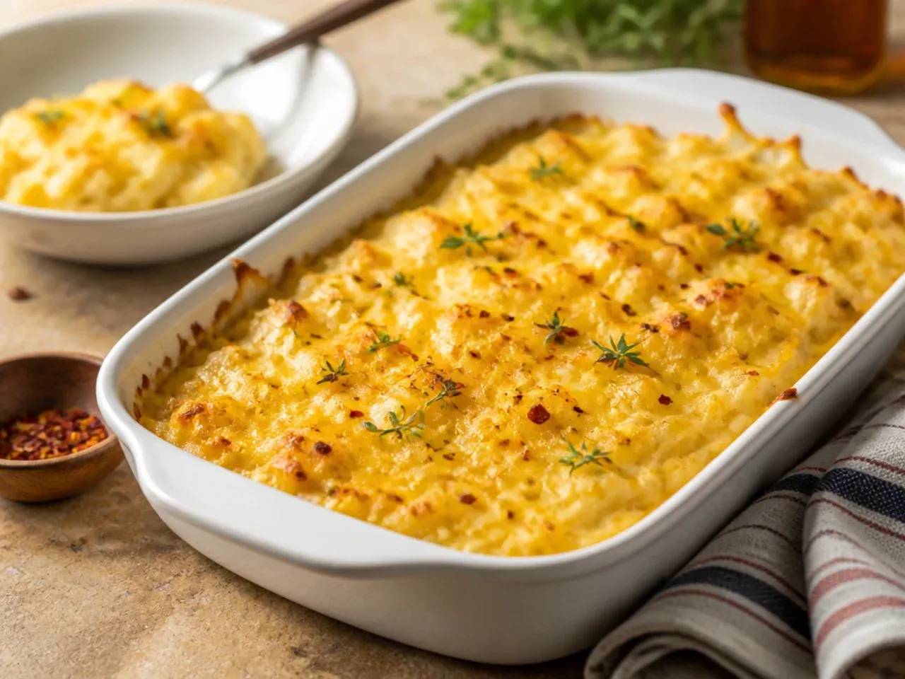 Hashbrown casserole baked and served straight from a cast iron skillet