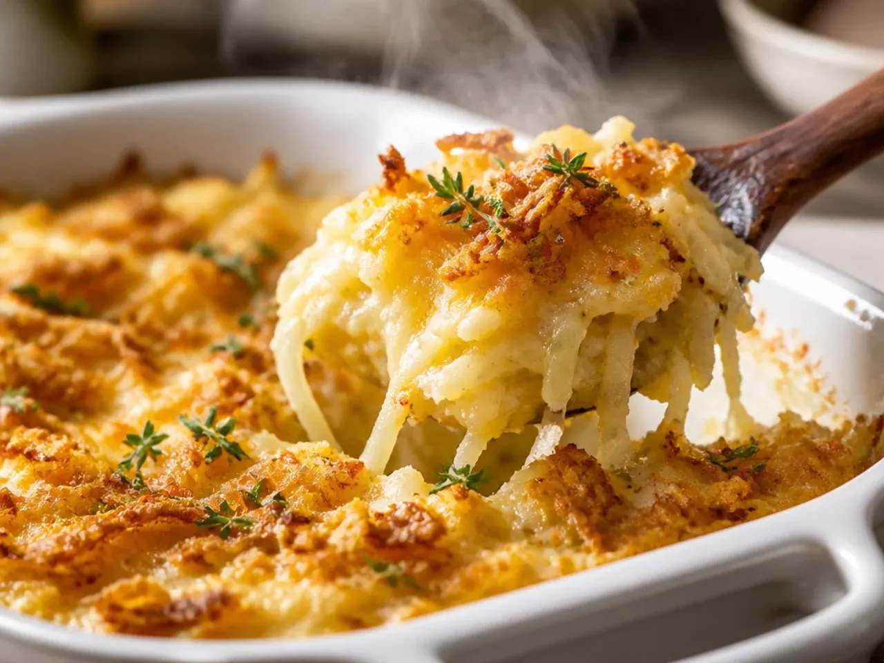 Rustic hashbrown casserole topped with caramelised onions and fresh thyme