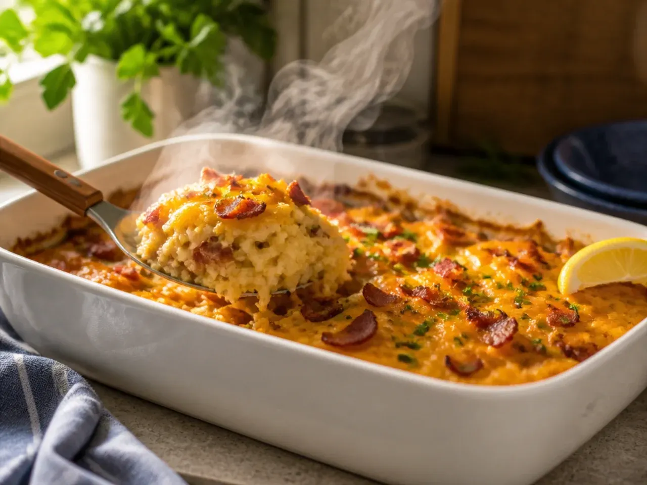 Loaded breakfast hashbrown casserole with visible egg and sausage, cut into squares