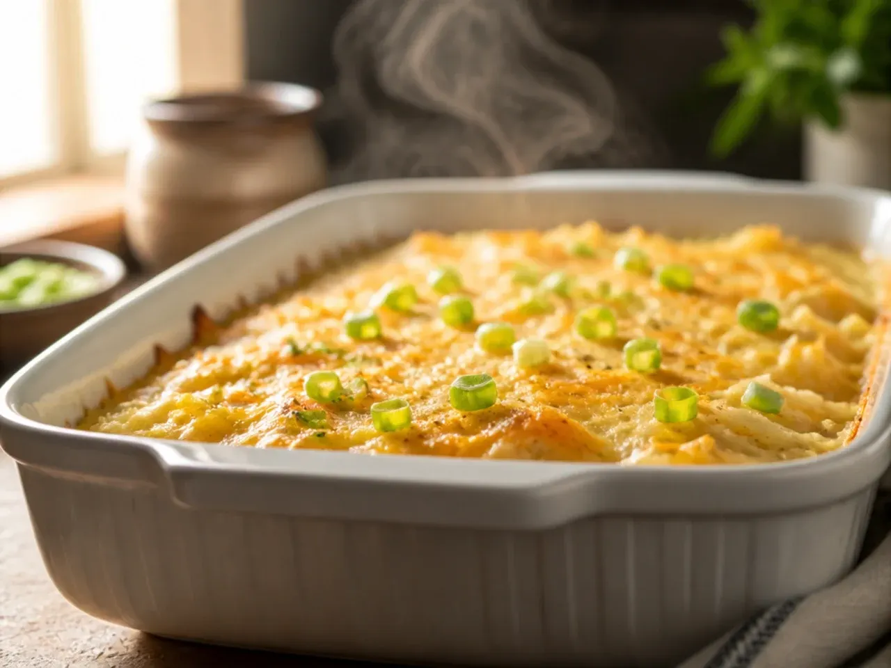 Slow cooker hashbrown casserole with lid off, showing bubbling edges