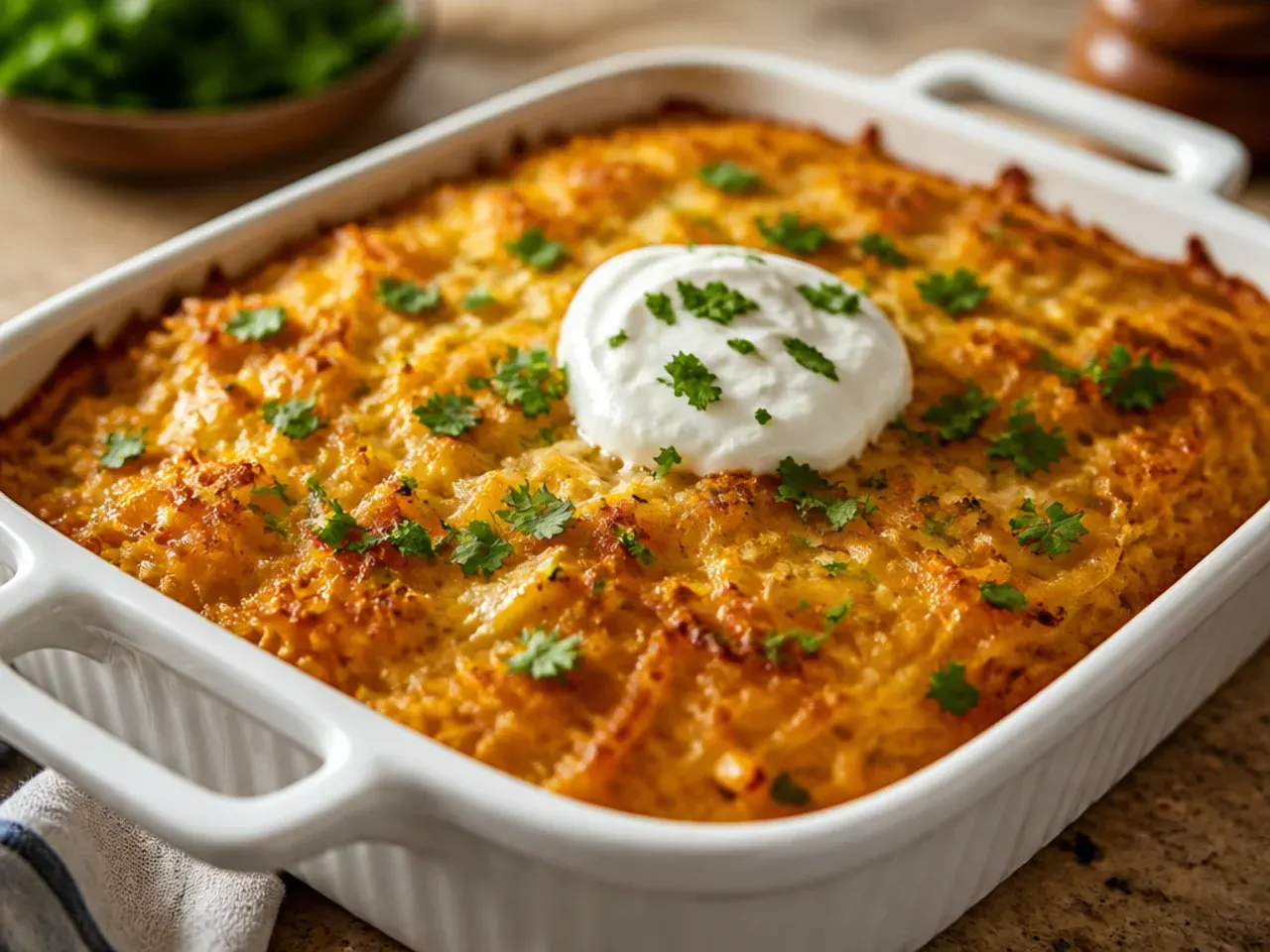 Sheet pan hashbrown casserole cut into crispy-edged squares