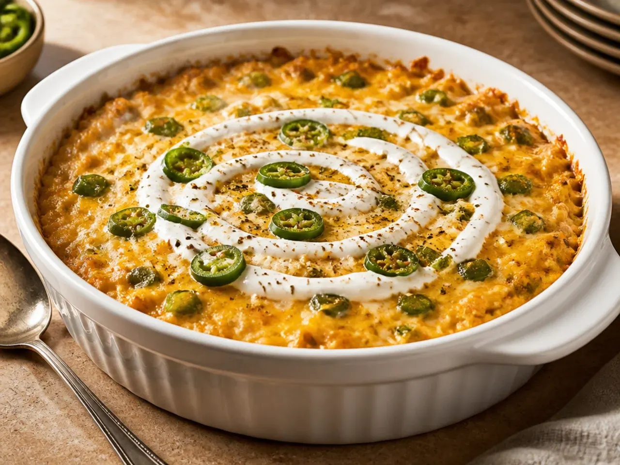 Spicy jalapeño pepper jack hashbrown casserole topped with pickled jalapeño slices