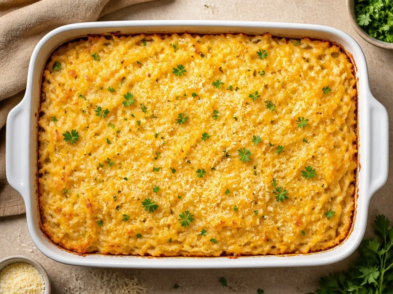 Lighter Greek yogurt hashbrown casserole served in a smaller portion dish